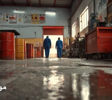 کارکنان در حال اجرای اصول 5S در اتاق روغن صنعتی با درام‌های رنگ‌کُد و محیط تمیز.طراحی اتاق روغن استاندارد: 5S، فیلتراسیون، رنگ‌کُد