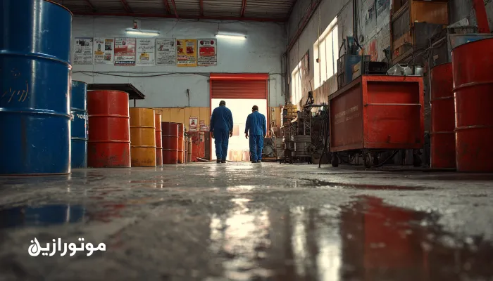 کارکنان در حال اجرای اصول 5S در اتاق روغن صنعتی با درام‌های رنگ‌کُد و محیط تمیز.طراحی اتاق روغن استاندارد: 5S، فیلتراسیون، رنگ‌کُد