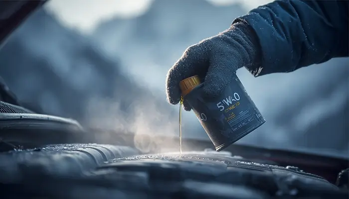 ریختن روغن موتور 5W40 در هوای سرد کوهستانی توسط راننده با دستکش زمستانی، در حال بخار شدن روغن روی موتور خودرو