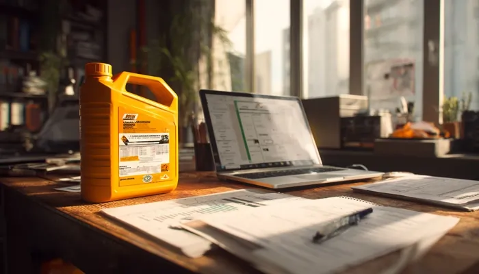 بطری زرد روغن موتور روی میز دفتر فنی با لپ‌تاپ و اسناد فنی در نور گرم صبحگاهی از پنجره
