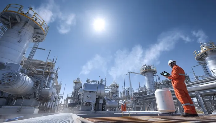 پالایشگاه یا واحد پتروشیمی در فضای باز با لوله‌ها و مخازن فلزی، مهندس ایمنی با لباس نارنجی و تبلت در حال پایش تجهیزات زیر نور مستقیم خورشید