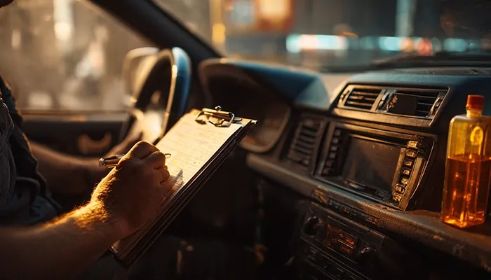 راننده درون خودرو در حال یادداشت‌برداری روی برگه ارزیابی فنی، در کنار بطری روغن موتور روی داشبورد