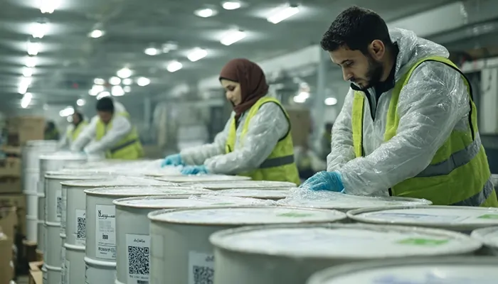 کارگران با لباس ایمنی و دستکش در حال بسته‌بندی بشکه‌های بزرگ روغن صنعتی در خط تولید سردخانه‌ای