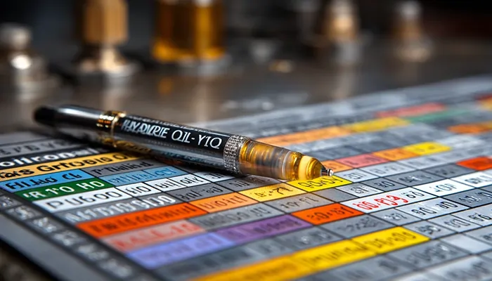 خودکار فنی با نوشته OIL روی جدول رنگی استانداردهای صنعتی مربوط به انواع روغن و روانکار