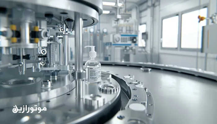 نمای دقیق از سرویس گیربکس دستگاه دارویی در اتاق تمیز با روغن صنعتی گرید خوراکی H1، پمپ اختصاصی و بسته‌بندی استریل، منطبق بر الزامات ISO 21469 و HACCP.