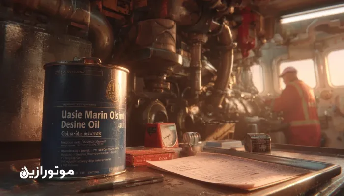 بازدید روغن موتور دیزل دریایی در اتاق موتور شناور ساحلی جنوب ایران؛ تکنسین در گرمای بالای ۴۵ درجه نمونه روغن را برای ویسکوزیته، TBN و آب بررسی می‌کند و کنار او فیلترهای برچسب‌خورده و قوطی 15W-40 مخصوص دریاست؛ نشانه‌های رطوبت و مه نمکی روی لوله‌ها دیده می‌شود و تمرکز تصویر بر انتخاب روغن مناسب برای اقلیم گرم و شور خلیج فارس است.