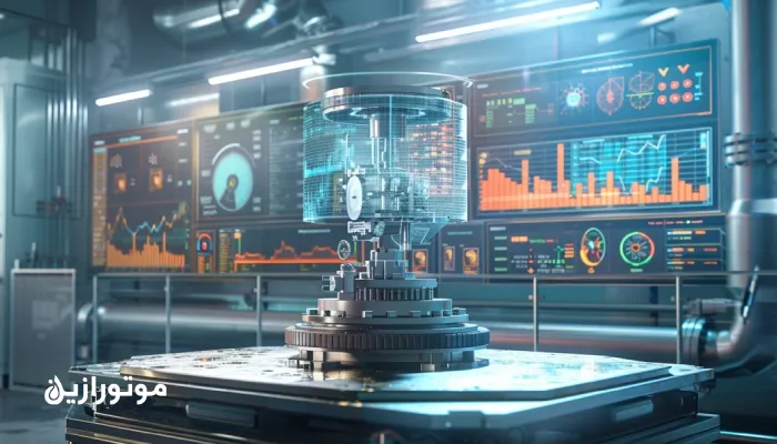 مدل دیجیتال تویین پمپ فرآیندی با داشبوردهای لحظه‌ای دما، ویسکوزیته، ارتعاش و عمر باقی‌مانده یاتاقان در محیط صنعتی خشک و غبارآلود.