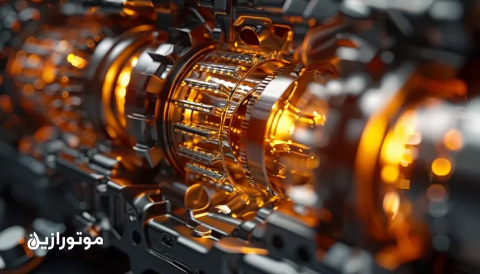 نمای برشی گیربکس اتومات مدرن با روغن سنتزی شفاف، جریان روغن بین چرخ‌دنده‌ها و کلاچ‌ها، نمایش کاهش اصطکاک و بهبود راندمان در ناوگان شهری.