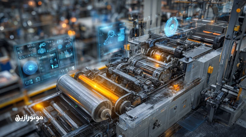 تصویر فنی از ماشین چاپ رول ۲۴/۷ با نمایش جریان روغن و کاهش افزودنی‌ها (Additive Depletion)، دمای یاتاقان و فیلتراسیون برای پایداری کیفیت چاپ