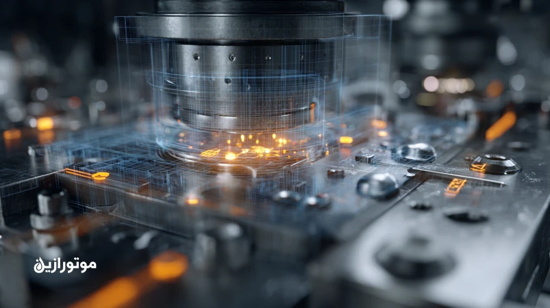 نمای نزدیک قالب پرس فلز با نمایش تریبوفیلم و افزودنی‌های AW/EP برای کاهش سایش؛ تصویر مهندسی از Additive Engineering و روغن هیدرولیک پرس