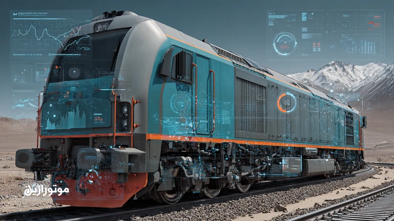 تصویر لکوموتیو با لایه‌های داده سنسورها و نقاط روغن‌کاری؛ نمایش پیش‌بینی مصرف روانکار با هوش مصنوعی برای موتور دیزل، تراکشن، گیربکس و کمپرسور.