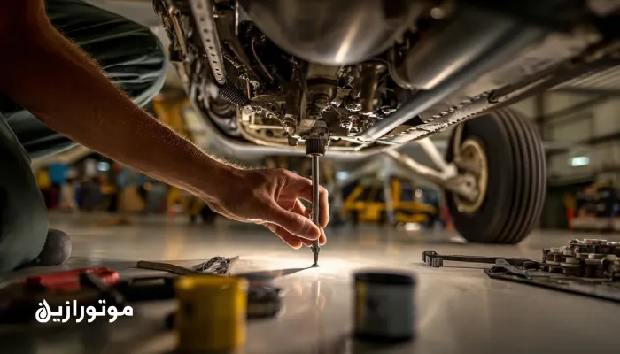 تکنسین تعمیرات هواپیما در آشیانه در حال گریس‌کاری لولای فلپ و یاتاقان چرخ با گریس‌های استاندارد MIL-G-81322 و MIL-PRF-23827؛ نور صنعتی و تمرکز بر جزئیات مکانیکی و ایمنی پرواز.