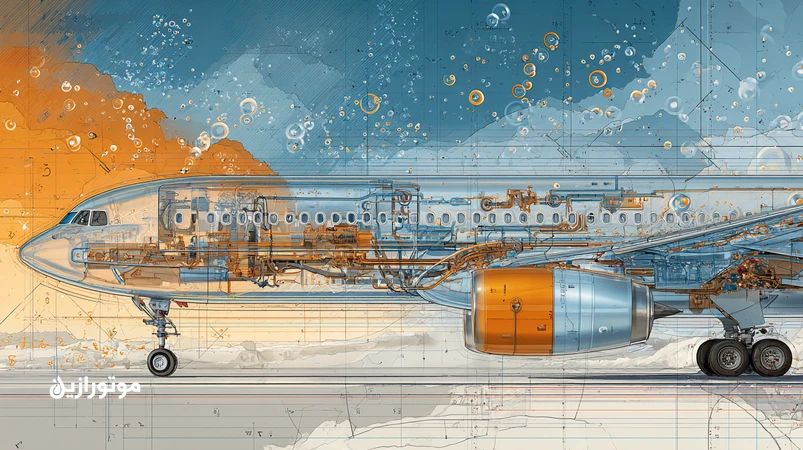 شماتیک سیستم هیدرولیک هواپیما با نمایش گرادیان دما از سطح زمین گرم تا ارتفاع سرد و مسیر جریان روغن هیدرولیک، پمپ‌ها و سرووالوها