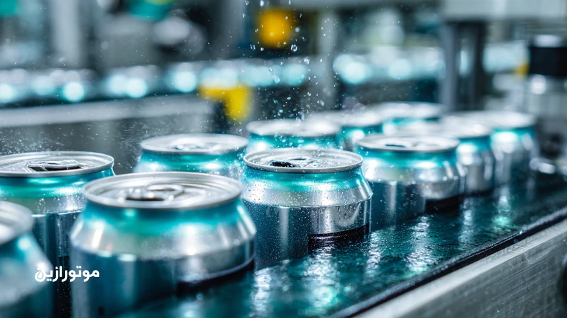 نمای نزدیک از فیلم روغن روی سطح آلومینیوم در خط بسته‌بندی برای جلوگیری از خط‌وخش و گلینگ؛ محیط تمیز Food Grade و تجهیزات فرمینگ