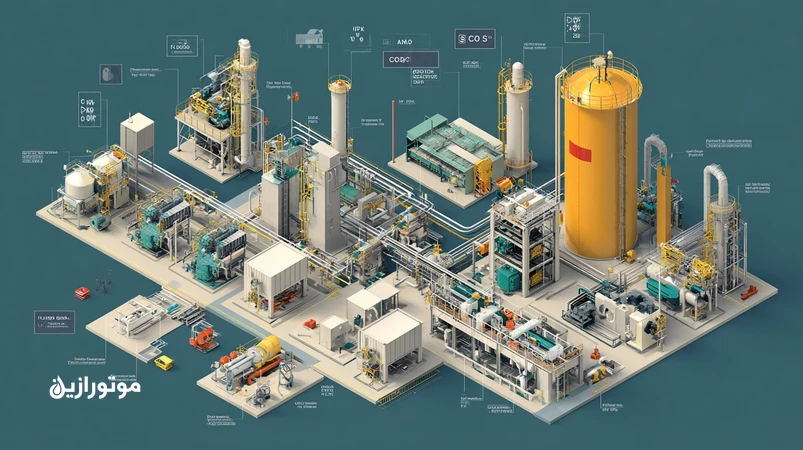 اینفوگرافیک فنی واحد شیرین‌سازی گاز با برج آمین، کمپرسورها و سیستم روغنکاری، شامل مقیاس ISO VG، سطوح API برای روغن دنده و موتور و کد تمیزی ISO 4406.