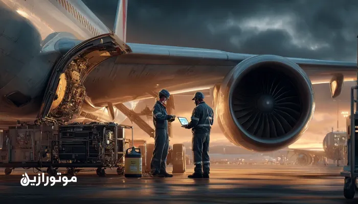 نمای واقعی سرویس APU روی رمپ: تکنسین در حال سرویس روغن با پنل دسترسی باز APU و مهندس در حال بررسی ترند ویسکوزیته، TAN و ذرات روی تبلت؛ نمایش بطری نمونه روغن و قوطی روغن استاندارد MIL-PRF-23699/AS5780 در نور صنعتی غروب، تمرکز مرکزی بر محفظه APU.