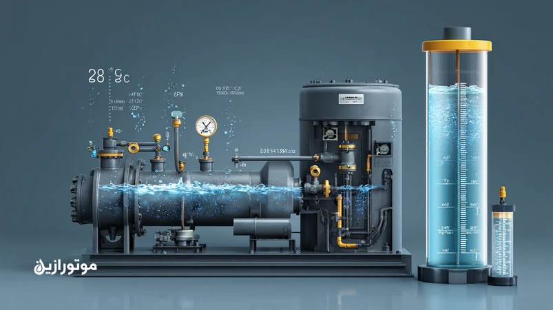 نمای نزدیک از آزمون ASTM D892 برای کنترل کف روغن کمپرسور در سیلندر آزمایشگاهی کنار کمپرسور صنعتی با نمایش حجم کف و دماهای 24 و 93.5 درجه