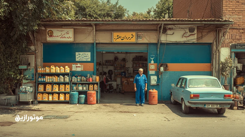 اتوسرویس تازه‌تأسیس با جک دو ستونه و قفسه روغن موتور، مکانیک در حال خوش‌آمدگویی به اولین مشتری؛ راه‌اندازی اتوسرویس و اولین درآمد