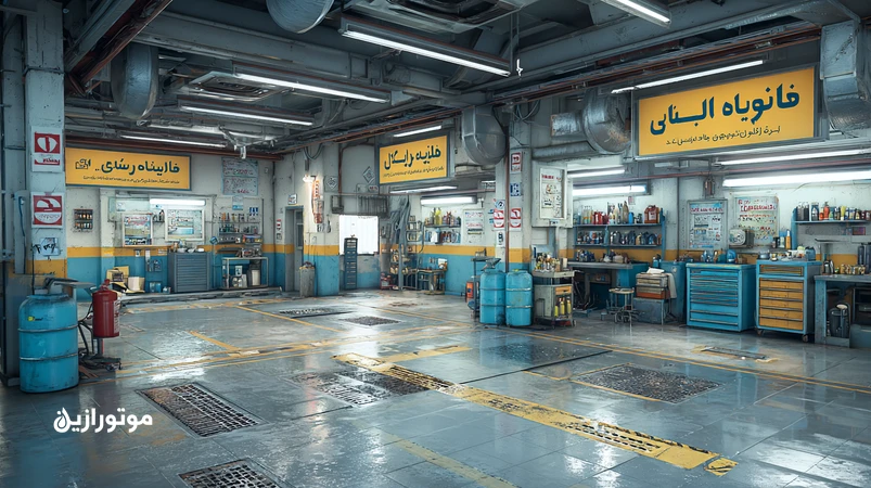 تصویر کارگاه اتوسرویس مطابق استاندارد ایمنی و محیط‌زیستی با کپسول آتش‌نشانی، مخازن روغن برچسب‌دار و بازرس در حال بررسی چک‌لیست مجوز اتوسرویس