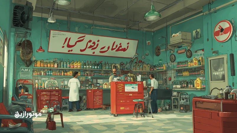 تصویر یک اتوسرویس ایرانی منظم با قفسه‌های روغن برچسب‌خورده، مکانیک با ترکمتر و تابلو قیمت شفاف؛ راه‌حل‌های فوری برای اشتباهات رایج شروع اتوسرویس