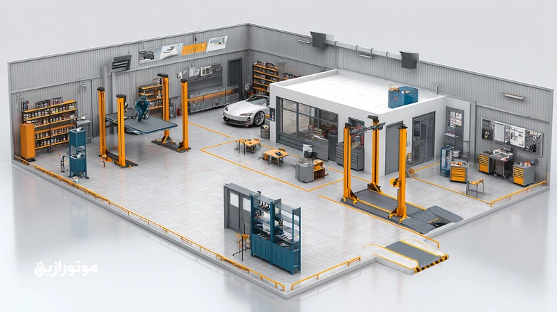 چیدمان کارگاه و ارگونومی اتوسرویس با مسیر حرکت یک‌طرفه، جایگاه جک‌ها، قفسه روغن موتور و فیلتر و میز ابزار سازمان‌یافته برای سرعت بیشتر و خطای کمتر