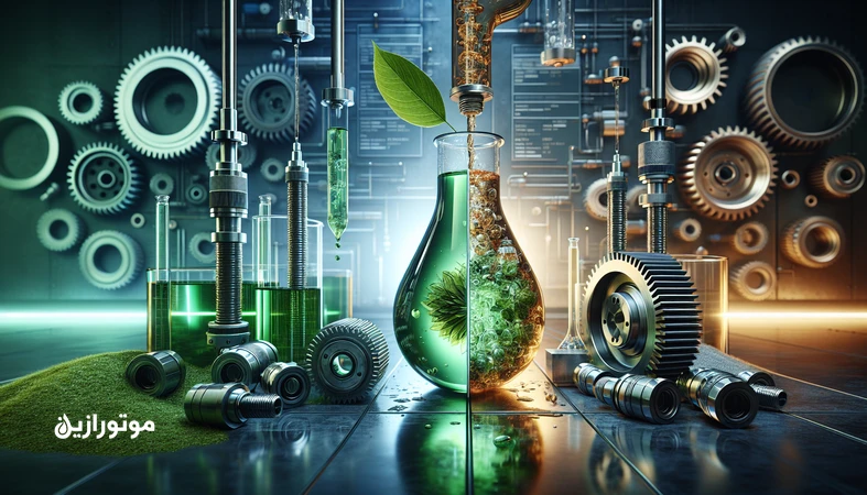 مقایسه تصویری روغن صنعتی پایه گیاهی (Bio-Lube) و روغن پایه معدنی در محیط صنعتی با نمایش خطوط هیدرولیک، چرخدنده و تاکید بر زیستتخریبپذیری