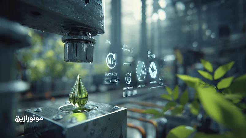 تصویر صنعتی از سیستمهای هیدرولیک با نمادهای پایداری، نشاندهنده روغنهای زیستتخریبپذیر و دوستدار محیطزیست با تاکید بر VI، پایداری اکسیداسیون و سازگاری آببندی