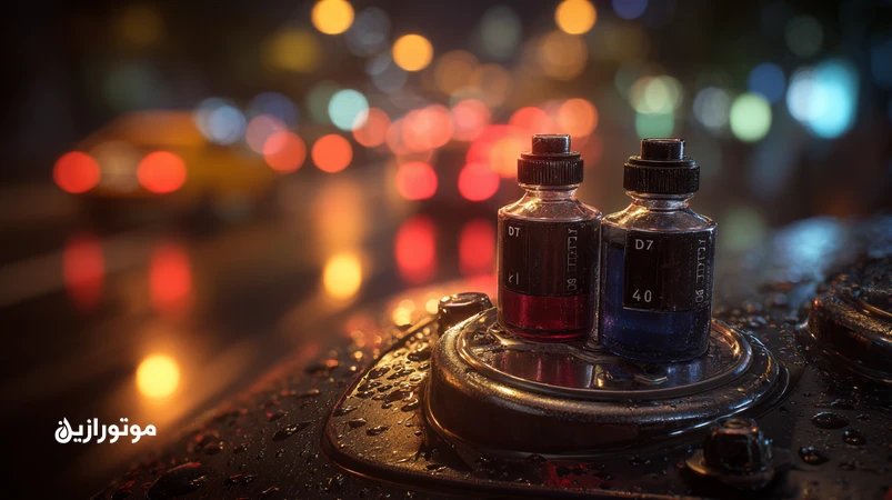 مقایسه روغن ترمز DOT 3 و DOT 4 در رانندگی شهری ایران با نمایش مخزن ترمز خودرو و ترافیک شهری تهران؛ تاکید بر نقطه جوش و جذب رطوبت.