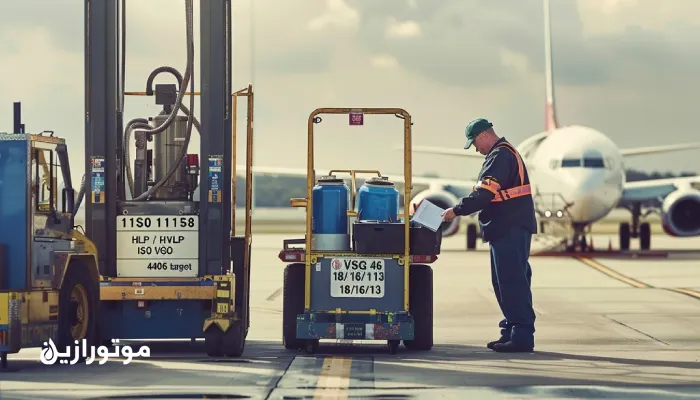 صحنهای واقعی از رمپ فرودگاه با چند تجهیز GSE (نوارنقاله بار، یدککش، بالابر قیچی و GPU) کنار بدنه هواپیما؛ تکنسین با لباس سورمهای و جلیقه ایمنی در حال بررسی شیشه نشانگر روغن هیدرولیک و کلیپبورد با یادداشت «ISO 11158 HLP/HVLP – ISO VG 46 – هدف تمیزی 18/16/13»؛ گاری سرویس تمیز با بشکههای بدوننام روغن هیدرولیک، کارتریج گریس EP2 و کلسیم سولفونات، و کیت آنالیز روغن؛ تنفسگیر رطوبتگیر روی مخزن، مه گرمایی ملایم و نور غروب.