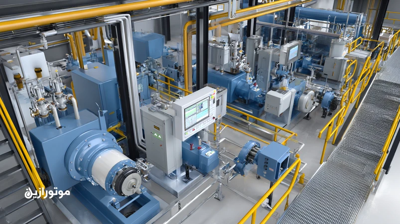 نمای نزدیک از سیستم روانکاری متمرکز خودکار در خط تولید با پمپ مرکزی، دیستریبیوتر، سنسور فشار و لولههای گریس به یاتاقانها