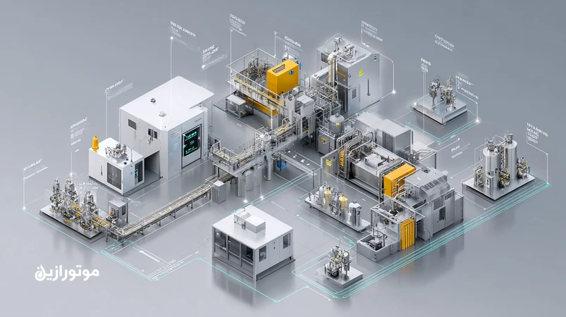 نمای شماتیک خط تولید دارویی با CIP/SIP و نمایش اثر شوینده‌ها بر اکسیداسیون روغن صنعتی گرید دارویی در بیرینگ و گیربکس