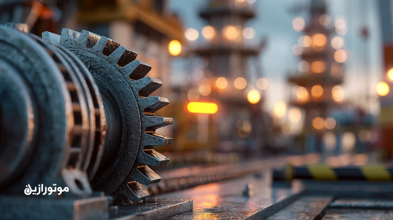 نمای نزدیک گیربکس کاهنده تاور در جزیره لاوان با تمرکز بر روغن دنده صنعتی CLP، مه نمکی و تجهیزات فیلتراسیون برای پایداری عملیاتی