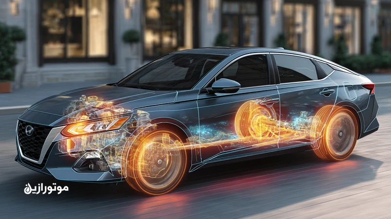 تصویر خودرو دوگانه‌سوز CNG/بنزین با نمای برشی موتور، نمایش دمای بالای سوپاپ و فیلم محافظ روغن برای کاهش استهلاک در گرمای ایران