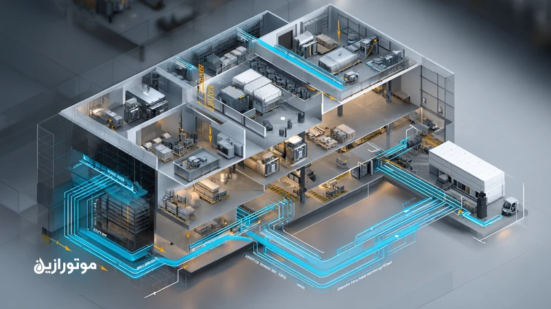 تصویر شماتیک سردخانه چندمنطقه‌ای با لوله‌کشی طولانی، تله روغن و جداکننده روغن برای مدیریت برگشت روغن و انتخاب ویسکوزیته در مدار برودتی