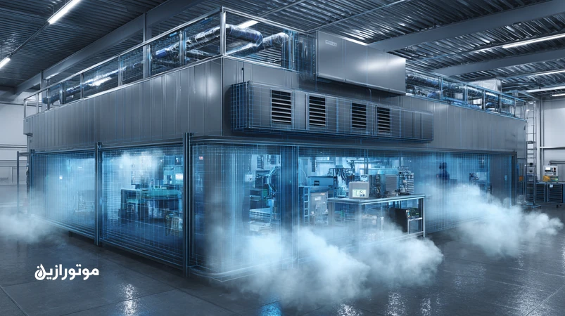 روغن کمپرسور در سردخانه زیرصفر گوشت و ماهی با رطوبت بالا؛ نمایش کمپرسور، کویل یخ‌زده، بخار دیفراست و پایش رطوبت و آنالیز روغن