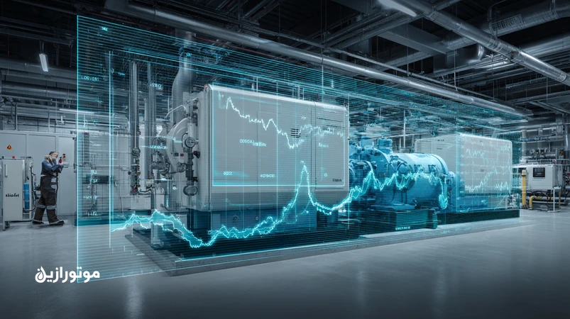 تصویر اتاق کمپرسور سردخانه با کمپرسورهای اسکرو و خطوط روغن، نمایش مفهومی تغییر ظرفیت ۸–۱۲٪ پس از تعویض روغن کمپرسور و بهبود راندمان انرژی