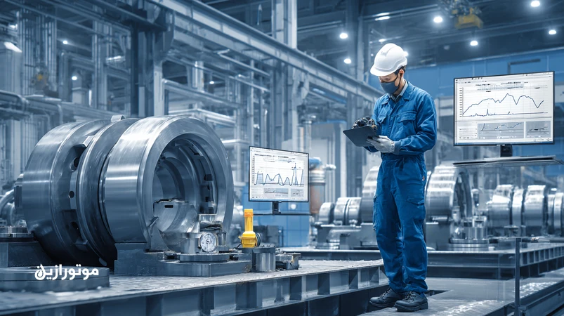 نمایی صنعتی از روغن‌کاری مبتنی بر وضعیت با تکنسین، سنسور آنلاین، نمودارهای دما و ارتعاش و شمارش ذرات ISO 4406 روی داشبورد