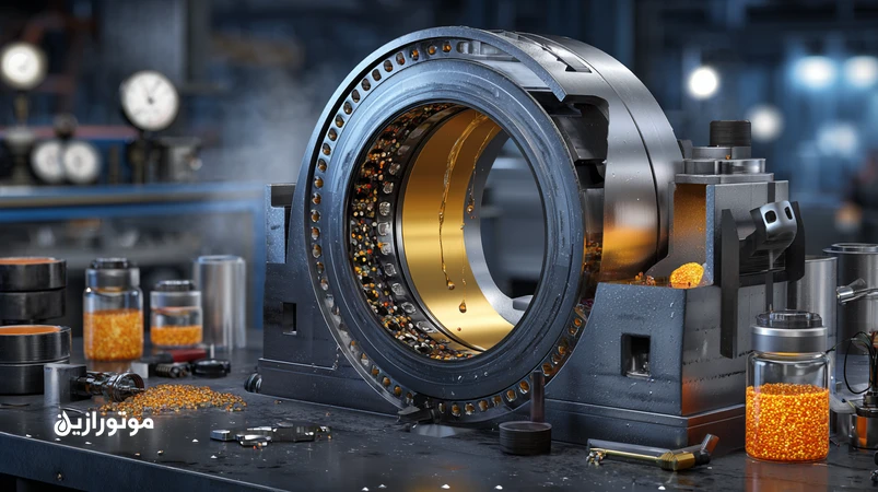 کنترل رطوبت در روغن صنعتی برای افزایش عمر یاتاقان؛ نمایش یاتاقان با فیلم روغن، قطرات آب و تنفس‌گیر خشک در محیط مرطوب صنعتی