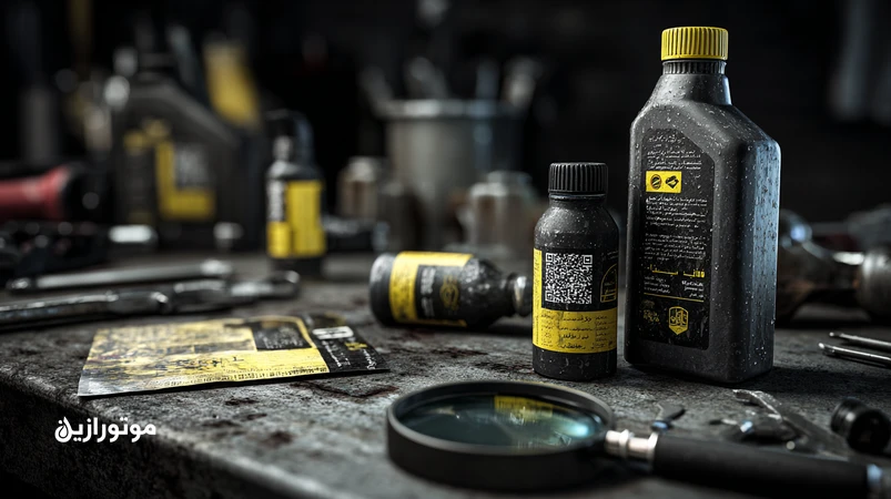 مقایسهٔ روغن موتور اصلی و تقلبی روی میز کار تعمیرگاه؛ تمرکز بر درب پلمپ، فویل سیل، لیبل و کد اصالت با اسکن QR برای تشخیص روغن تقلبی.