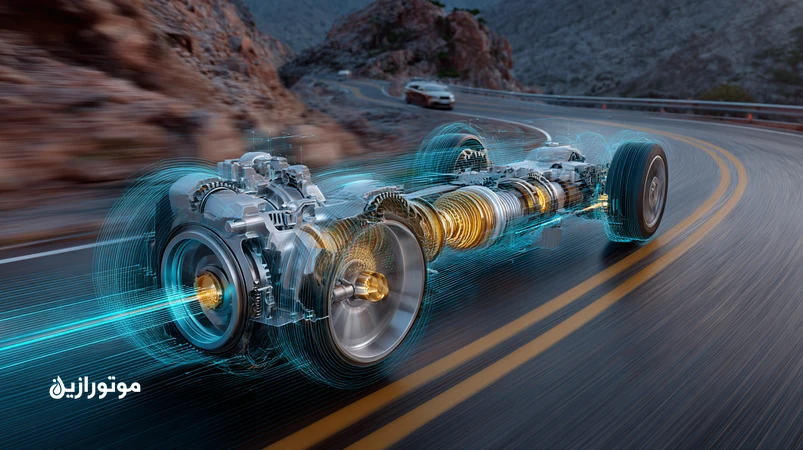 تصویر خودروی در حال صعود در جاده کوهستانی با برش شماتیک گیربکس CVT، جریان روغن و کنترل شادر برای جلوگیری از لغزش
