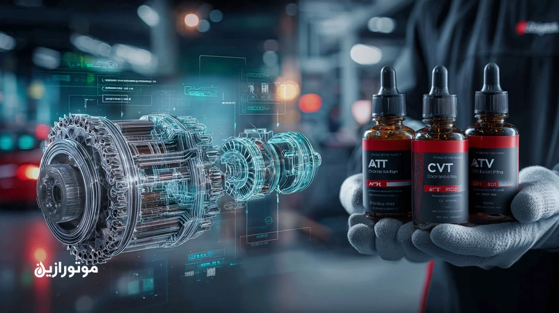 مقایسه بصری روغن گیربکس CVT، ATF و DCT کنار اجزای داخلی گیربکس برای انتخاب صحیح روغن گیربکس اتومات در ایران