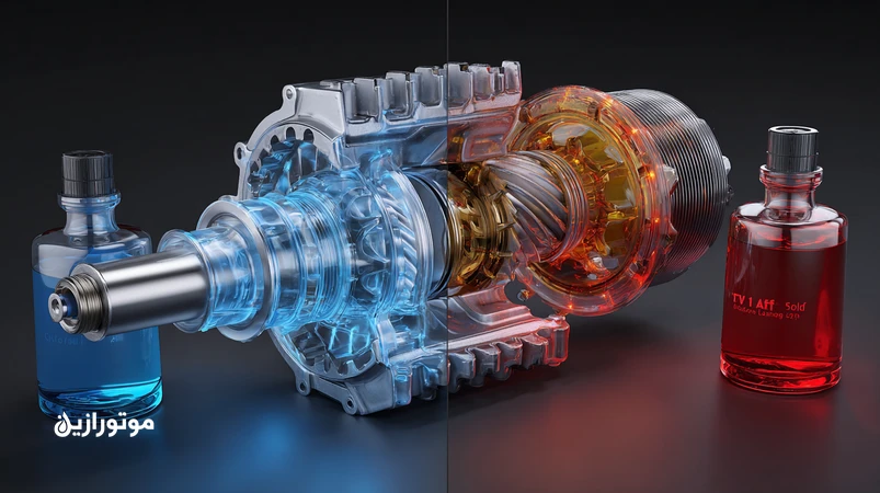 تصویر مقایسه روغن گیربکس CVT ژاپنی و ATF اروپایی با برش داخلی پولی و تسمه در برابر مجموعه سیارهای و مبدل گشتاور؛ تاکید بر تفاوت فرمولاسیون و عملکرد