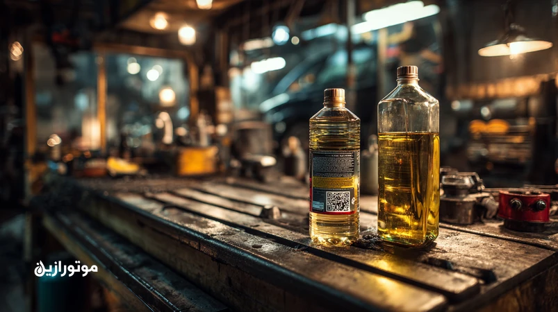 مکانیک در تعویض‌روغنی در حال مقایسه روغن موتور اصل و تقلبی با تمرکز بر پلمب درب، هولوگرام و سری ساخت برای تشخیص روغن موتور تقلبی