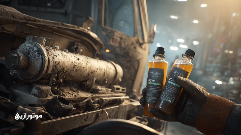 نمای نزدیک از فیلتر دوده DPF کامیون با تجمع دوده و خاکستر، در کنار انتخاب روغن موتور کم‌خاکستر (Low-SAPS) برای ناوگان دیزلی در شرایط سوخت بی‌کیفیت