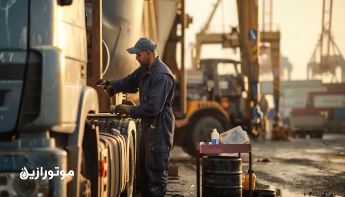 صحنهای واقعی از محوطه سرویس ناوگان در بندر جنوب با کامیون سنگین در مرکز کادر، مکانیک با لباس سورمهای در حال بررسی دیپاستیک روغن؛ استند قابلحمل با نمایش دمای ۴۲°C و رطوبت بالا، گاری تمیز با بشکه روغن CK-4 10W-40 و کیت آنالیز روغن؛ مه گرمایی، پسزمینه جرثقیلهای بندری و کانتینرها.