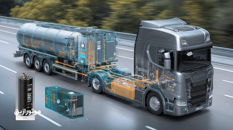 تصویر کامیون یورو۵ با نمایش برشی سیستم DPF و روغن موتور Low SAPS؛ تاکید بر تفاوت روغن مخصوص DPF با روغن معمولی برای ناوگان