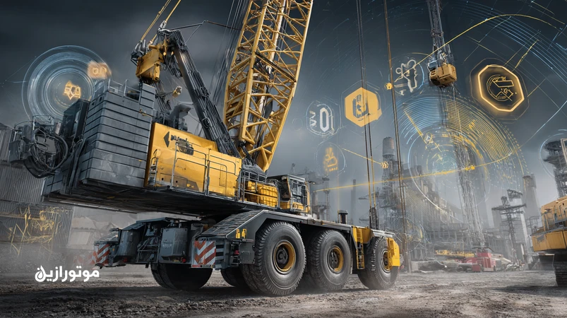 تصویر صنعتی از جرثقیل موبایل و تاور در کارگاه با نمایش مفهومی ضخامت فیلم روغن، بارهای متناوب و افزودنی‌های AW/EP در روانکاری دینامیک