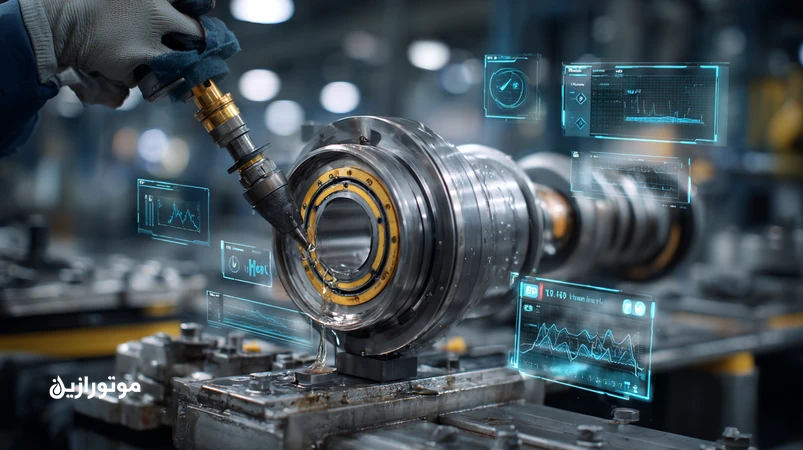 تصویر صنعتی از یاتاقان خط تولید در حال گریس‌کاری با نمایش هم‌زمان نمودارهای ارتعاش، دما و PM؛ نشان‌دهندهٔ تحلیل الگوی مصرف گریس و جلوگیری از شکست زودرس.