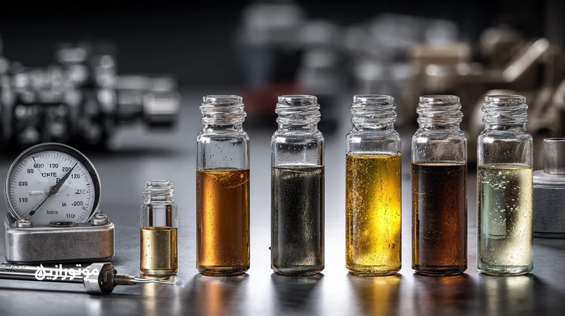 نمونه‌های روغن موتور و روغن صنعتی با رنگ‌های کهربایی، قهوه‌ای، شیری و نشانه‌های وارنیش برای تشخیص سلامت بر اساس رنگ، بو و ویسکوزیته