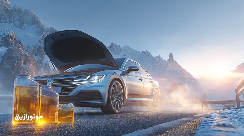 روغن مناسب استارت سرد در جاده کوهستانی ایران؛ نمایش جریان سریع روغن موتور و گریدهای 0W-20، 5W-30 و 5W-40 برای صبح‌های یخ‌زده